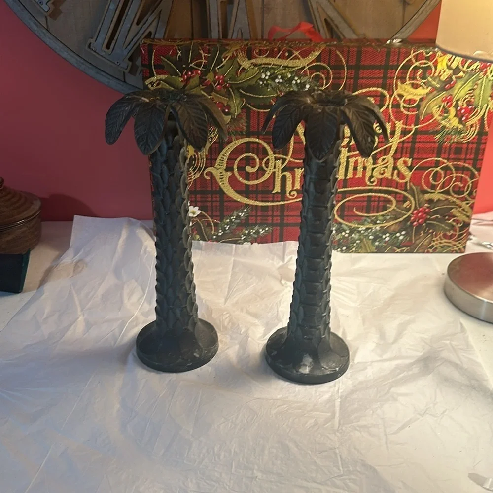 Vintage Hollywood regency textured heavy solid metal palm tree candlesticks